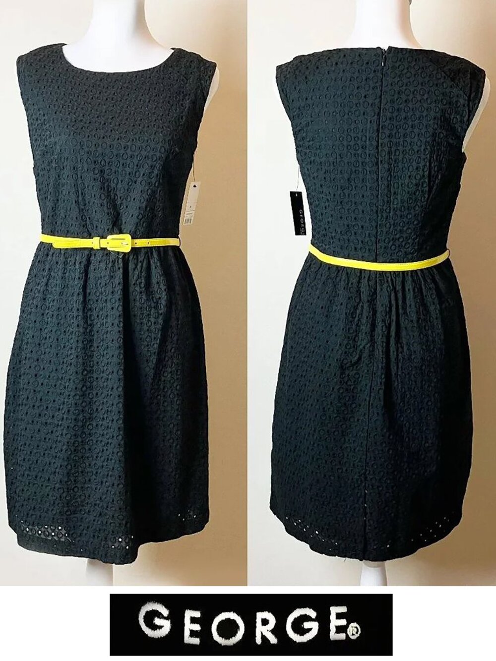 George Black Eyelet Sheath Dress | Yellow Belt | 100% Cotton | NWT
